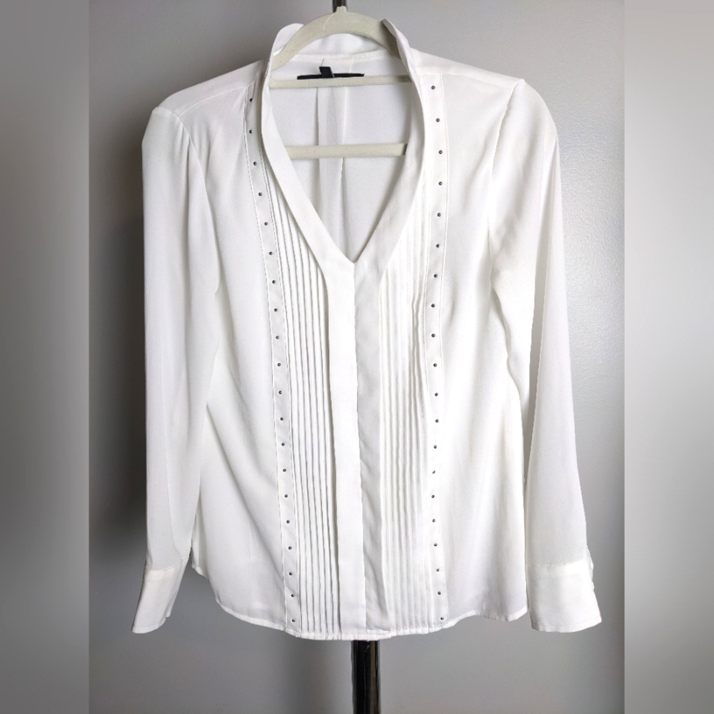 White House Black Market, White V-neck Blouse with silver bead studs, Size 2